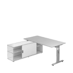 Schreibtisch ULM Mit Sideboard, Manuell Höhenverstellbar, Rechteck, T-Fuß, B 1600 Mm, Lichtgrau