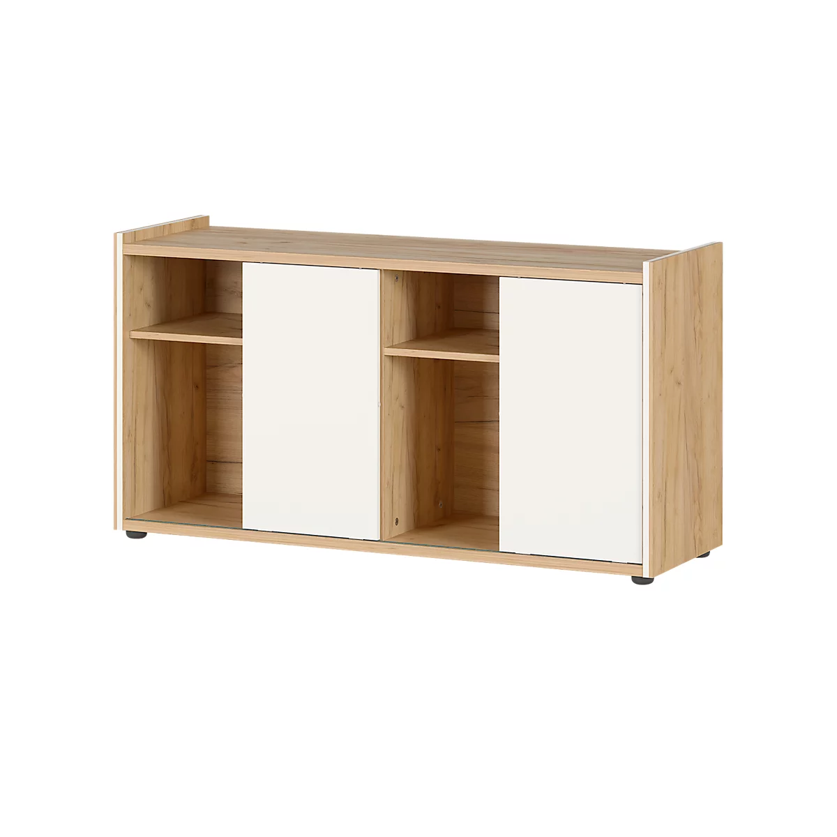 Sideboard Indianapolis, Oberboden, 3 Mittelseiten, 8 Fächer, 2 Schiebetüren, Möbelgleiter, B 1200 X T 400 X H 640 Mm, Holz, Eiche-Navarra/weiß 1 Sideboard Indianapolis, Oberboden, 3 Mittelseiten, 8 Fächer, 2 Schiebetüren, Möbelgleiter, B 1200 X T 400 X H 640 Mm, Holz, Eiche-Navarra/weiß