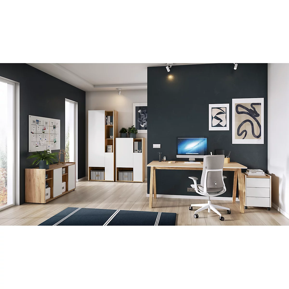 Sideboard Indianapolis, Oberboden, 3 Mittelseiten, 8 Fächer, 2 Schiebetüren, Möbelgleiter, B 1200 X T 400 X H 640 Mm, Holz, Eiche-Navarra/weiß 3 Sideboard Indianapolis, Oberboden, 3 Mittelseiten, 8 Fächer, 2 Schiebetüren, Möbelgleiter, B 1200 X T 400 X H 640 Mm, Holz, Eiche-Navarra/weiß – Bild 3