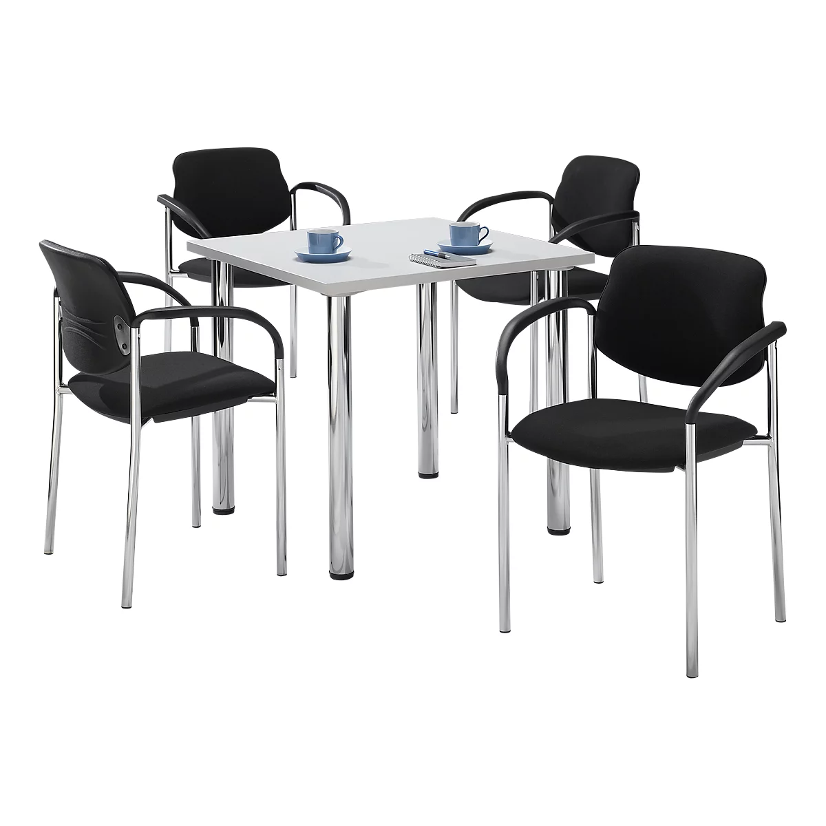 Sparset Besucherstühle, Stapelbar, Bezugstoff Schwarz, Sitzmaße B 450 X T 460 X H 470 Mm, 4 Stück + Tisch, Lichtgrau, B 800 X T 800 Mm 1 Sparset Besucherstühle, Stapelbar, Bezugstoff Schwarz, Sitzmaße B 450 X T 460 X H 470 Mm, 4 Stück + Tisch, Lichtgrau, B 800 X T 800 Mm