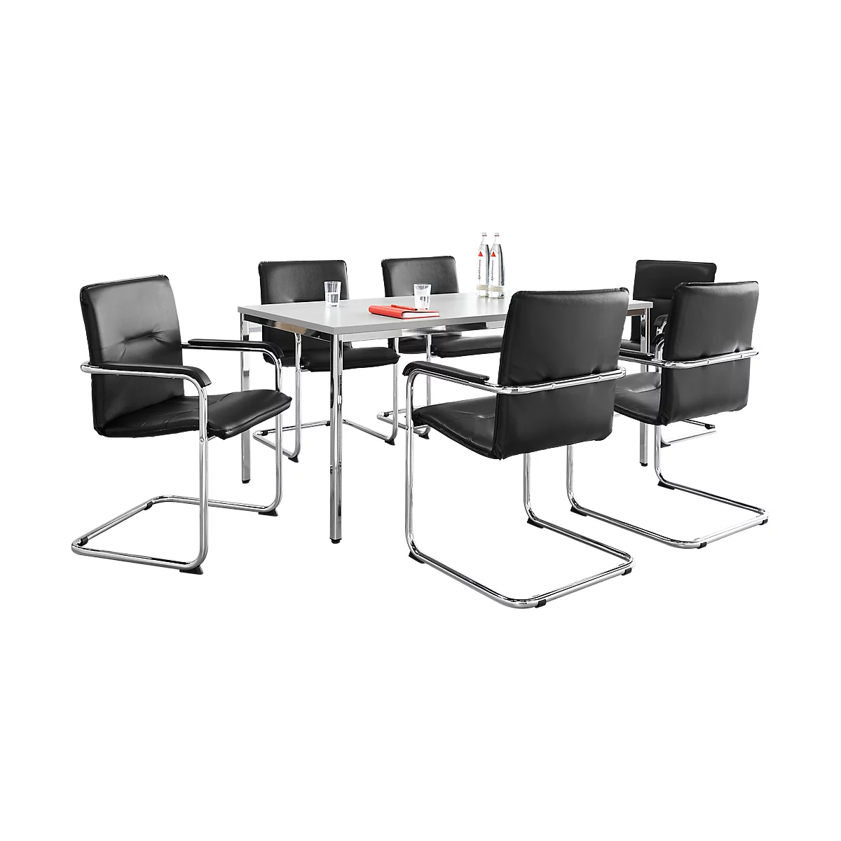 Sparset Freischwinger Rumba, Bezug Kunstleder Schwarz, Sitzmaße B 490 X T 430 X H 470 Mm, 6 Stück + Konferenztisch, Lichtgrau, B 1600 X T 800 X H 720 Mm 1 Sparset Freischwinger Rumba, Bezug Kunstleder Schwarz, Sitzmaße B 490 X T 430 X H 470 Mm, 6 Stück + Konferenztisch, Lichtgrau, B 1600 X T 800 X H 720 Mm