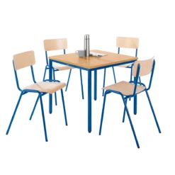 Sparset Stapelstühle, Buchenholz, Gestell Blau, B 450 X T 520 X H 770 Mm, 4 Stück + Tisch, Buche-Natur, Gestell Blau, L 800 X B 800 X H 720 Mm