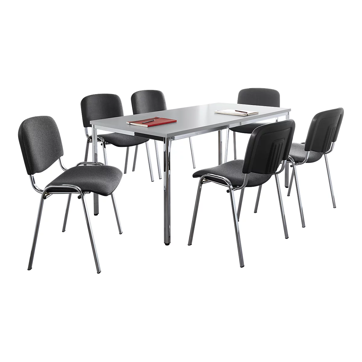 Sparset Stapelstühle ISO BASIC, Bezug Anthrazit, 6 Stück + Tisch, B 1600 X T 800 Mm, Lichtgrau 1 Sparset Stapelstühle ISO BASIC, Bezug Anthrazit, 6 Stück + Tisch, B 1600 X T 800 Mm, Lichtgrau