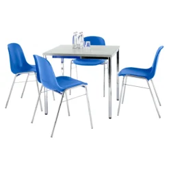 Sparset Stapelstuhl BETA, Bezug Blau, Sitzmaße B 400 X T 420 X H 460 Mm, 4 Stück + Konferenztisch, B 800 X T 800 Mm, Lichtgrau
