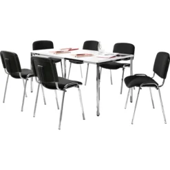 Sparset Stapelstuhl ISO Basic, Bezugsstoff Schwarz, Sitzmaße B 475 X T 415 X H 470 Mm, 6 Stück + Konferenztisch, Weiß, B 1600 X T 800 Mm