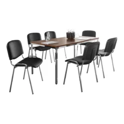 Sparset Stapelstuhl ISO Swing Basic, Ohne Armlehnen, Kunstleder Schwarz, Sitzmaße B 475 X T 415 X H 470 Mm, 6 Stück + Tisch, Nussbaum-Dekor, B 1600 X T 800 Mm