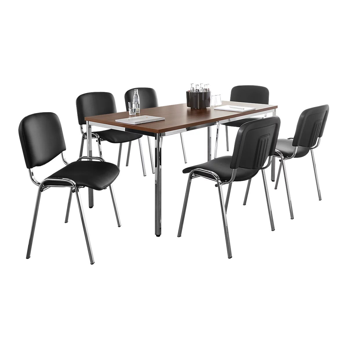 Sparset Stapelstuhl ISO Swing Basic, Ohne Armlehnen, Kunstleder Schwarz, Sitzmaße B 475 X T 415 X H 470 Mm, 6 Stück + Tisch, Nussbaum-Dekor, B 1600 X T 800 Mm 1 Sparset Stapelstuhl ISO Swing Basic, Ohne Armlehnen, Kunstleder Schwarz, Sitzmaße B 475 X T 415 X H 470 Mm, 6 Stück + Tisch, Nussbaum-Dekor, B 1600 X T 800 Mm