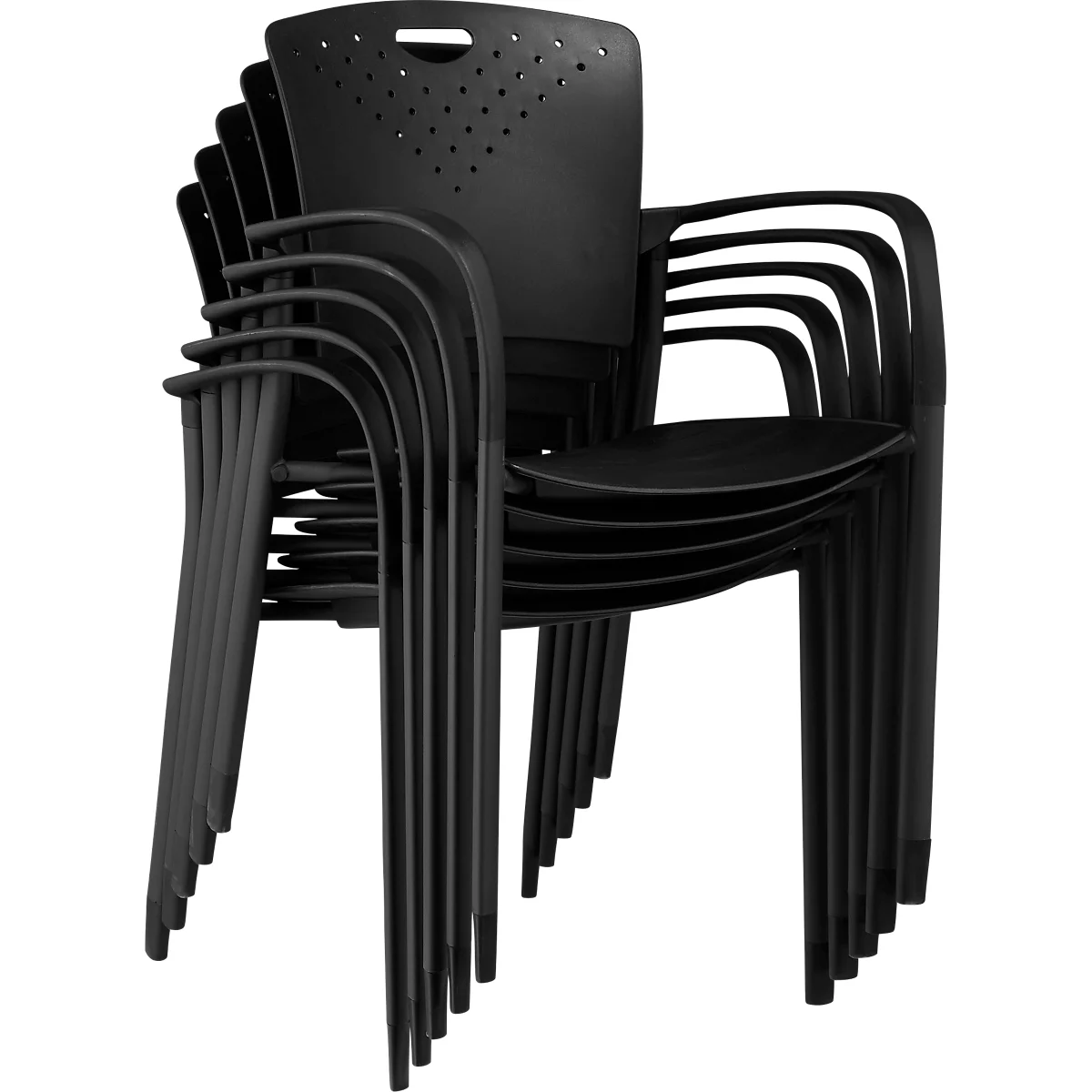 Stapelstuhl, Ergonomisch, Mit Armlehnen & Rückenlehnen-Griffmulde, Stapelbar Bis 9 Stück, B 430 X T 380 X H 430 Mm, Schwarz 2 Stapelstuhl, Ergonomisch, Mit Armlehnen & Rückenlehnen-Griffmulde, Stapelbar Bis 9 Stück, B 430 X T 380 X H 430 Mm, Schwarz – Bild 2