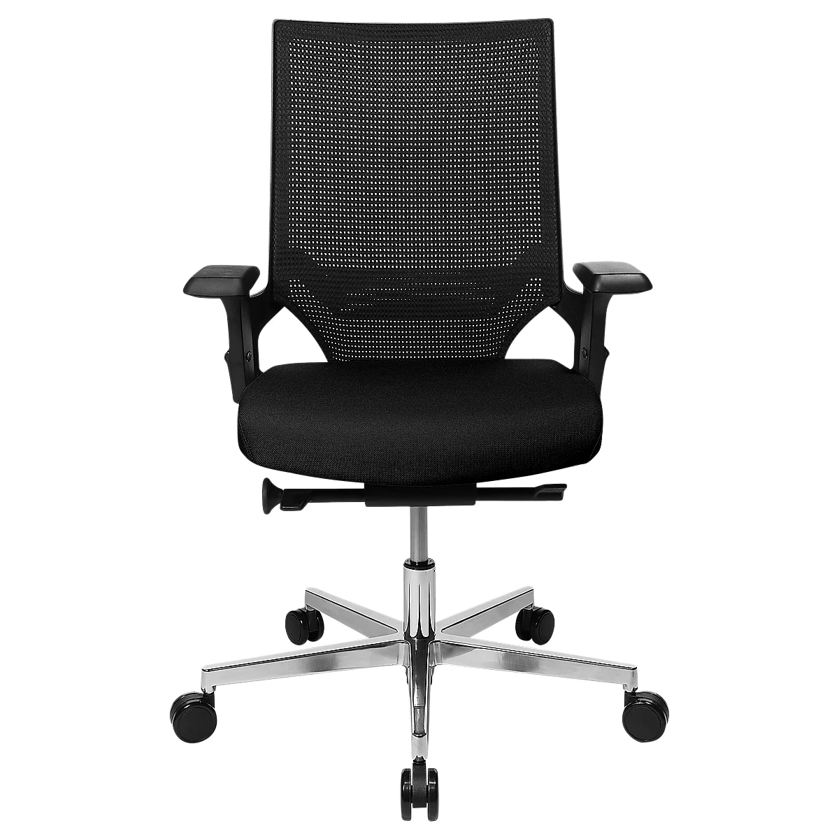 Topstar Bürostuhl T300, Synchronmechanik, Mit Armlehnen, Netzrücken Lendenwirbelstütze, Muldensitz, Schwarz/schwarz 2 Topstar Bürostuhl T300, Synchronmechanik, Mit Armlehnen, Netzrücken Lendenwirbelstütze, Muldensitz, Schwarz/schwarz – Bild 2