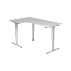 Winkelschreibtisch ULM, Elektrisch Höhenverstellbar, 90° Winkel Links, T-Fuß, B 2000 X T 1200 X H 625-1275 Mm, Lichtgrau/alusilber + Memoryschalter